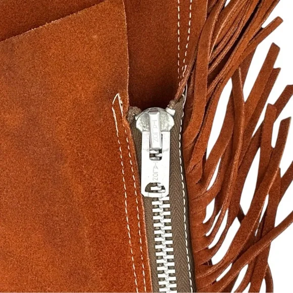 TALON ZIPPER RARE Pre 1960s Vintage Brown Distressed Suede Fringe Trim Chaps - Picture 8 of 12